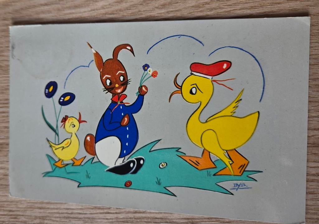 Konijn geeft bloemen aan eend, Verzenden, 1940 tot 1960, Gelopen, Feest(dag)