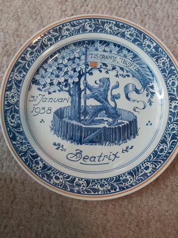 Delfts Blauw Herdenkingsbord Beatrix 1938 beschikbaar voor biedingen