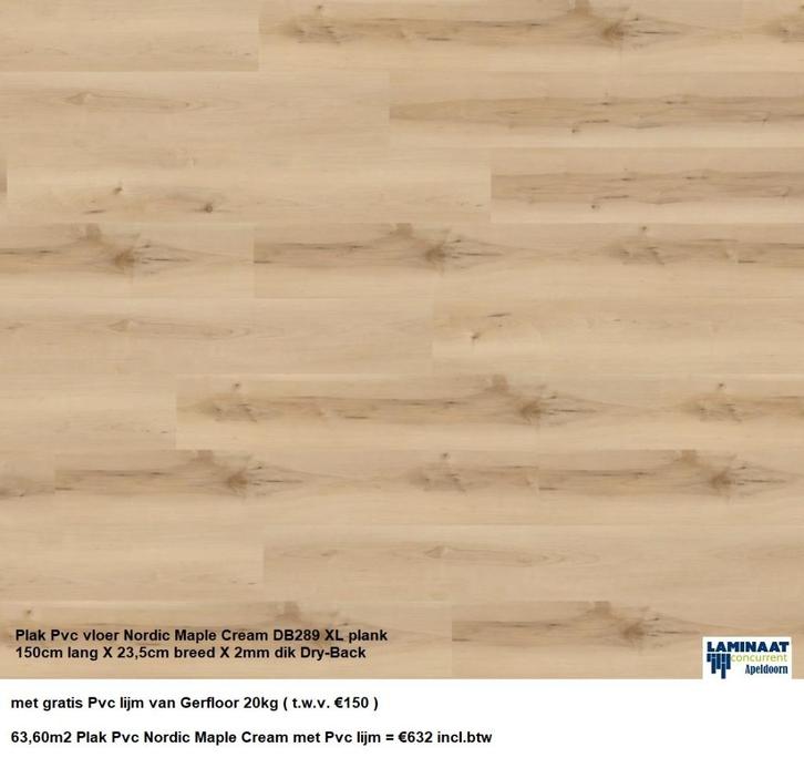63m2 Plak Pvc Nordic Maple met gratis Pvc lijm =€632, Huis en Inrichting, Stoffering | Vloerbedekking, Nieuw, Laminaat, Crème