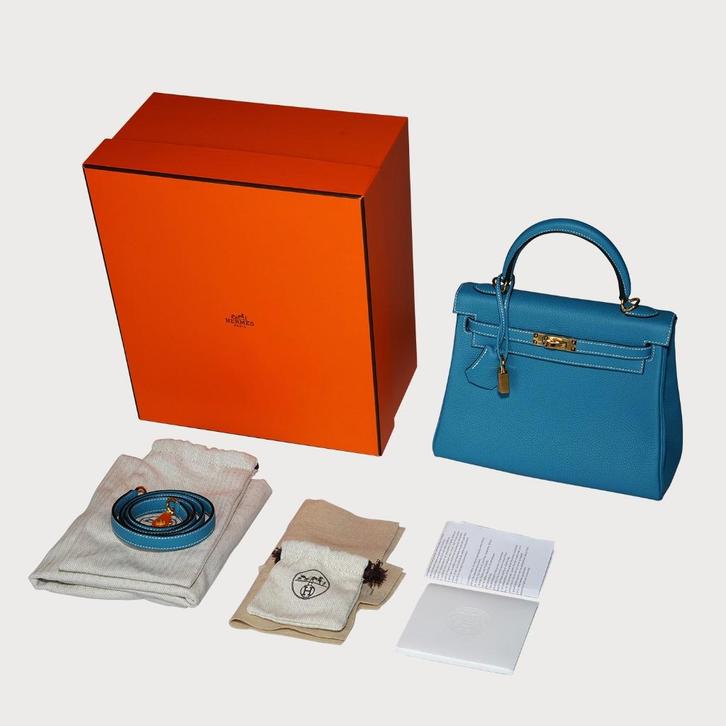 Hermès Kelly 25 Blue Jean Ghw, Sieraden, Tassen en Uiterlijk, Tassen | Damestassen, Zo goed als nieuw, Handtas, Blauw, Ophalen of Verzenden