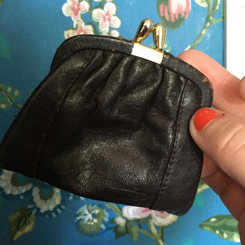 Vintage retro zwarte leren portemonnee knipportemonnee beurs, Sieraden, Tassen en Uiterlijk, Portemonnees, Zo goed als nieuw, Zwart