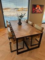 Luxe Houten Eettafel met Metalen Onderstel en 6 Stoelen, Ophalen, Gebruikt, 100 tot 150 cm, Vijf personen of meer
