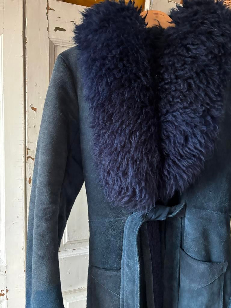 Vintage Lammy Coat Donkerblauw met Elegante Kraag, mast S/M, Ophalen of Verzenden, Gedragen, Maat 36 (S), Blauw