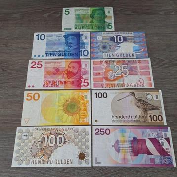 Set 9 guldenbiljetten 5 t/m 250 gulden (1973-1997) beschikbaar voor biedingen