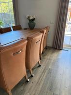 8 eetkamerstoelen op wieltjes, cognac buffelleer, Huis en Inrichting, Stoelen, Ophalen, Gebruikt, Bruin, Leer