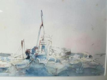 Aquarel Joan Vismans zee en havengezicht beschikbaar voor biedingen