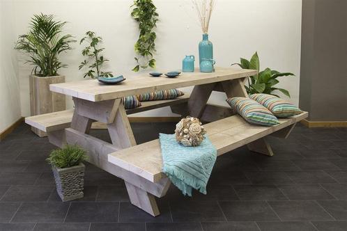 Picknicktafel van dikke steigerplanken, Tuin en Terras, Picknicktafels, Nieuw, Rechthoekig, Ophalen of Verzenden