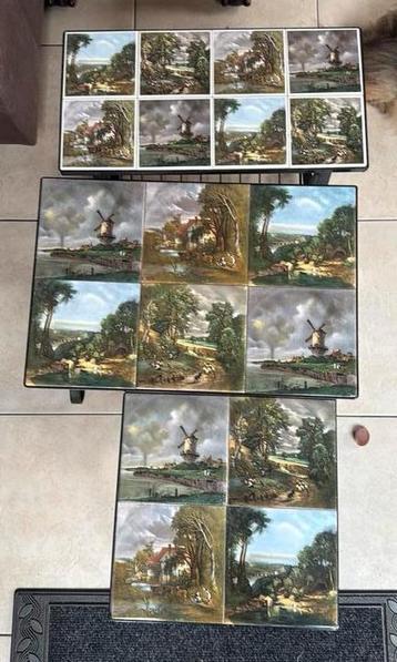 Vintage set van 3 smeedijzeren tafels met Hollandse tegels beschikbaar voor biedingen