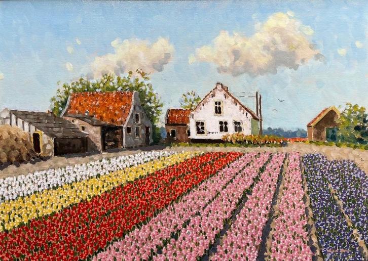 Bloembollenvelden, stads- en dorpsgezichten Leo van den Ende, Antiek en Kunst, Kunst | Schilderijen | Klassiek, Ophalen of Verzenden