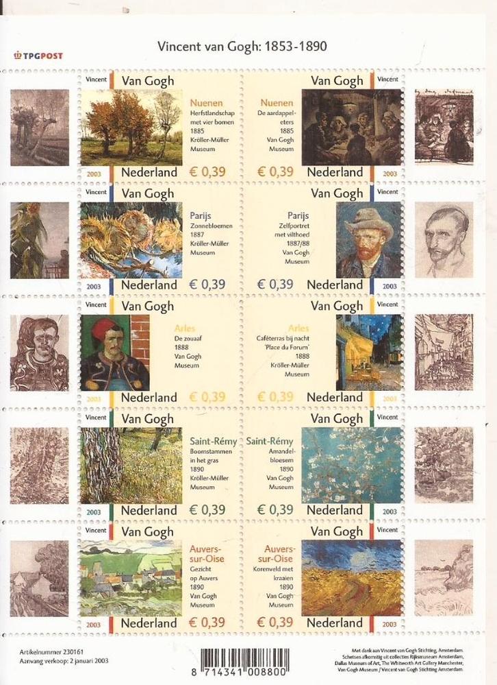 Postzegelvel 10x2003 Vincent van Gogh 1853-1890 schilderijen, Postzegels en Munten, Postzegels | Nederland, Postfris, Na 1940