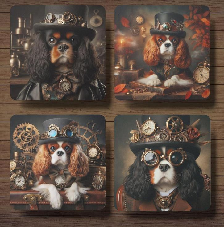 Cavalier King Charles Steampunk onderzetters met houder, Huis en Inrichting, Woonaccessoires | Onderzetters, Nieuw, Glas of Kopje