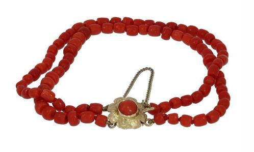 Bloedkoraal 2-strengs armband fraai 14k bloem slot goud dame, Sieraden, Tassen en Uiterlijk, Antieke sieraden, Armband, Goud, Met edelsteen