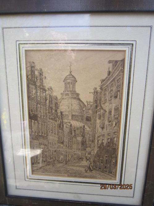 Engelse steeg Amsterdam, Mooie ets Eugene Rensburg Amsterda, Antiek en Kunst, Kunst | Etsen en Gravures, Ophalen