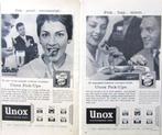 12 vintage reclames Unox soepballetjes 57-58 worstjes, Verzenden, Gebruikt, Reclamebord