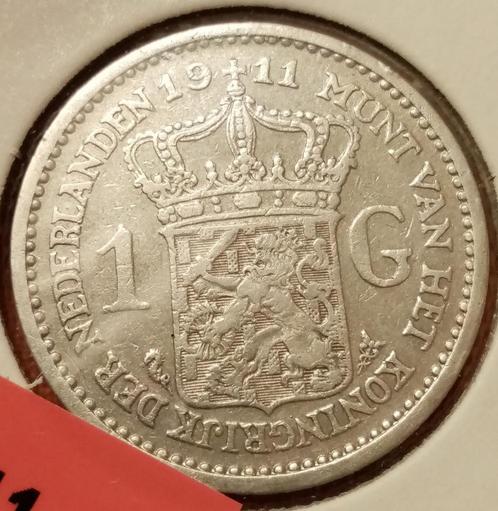 Schaarse gulden 1911 van koningin wilhemina opgestoken haar, Postzegels en Munten, Munten | Nederland, Losse munt, 1 gulden, Koningin Wilhelmina
