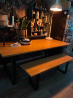 Mooie houten tafel met zwarte ijzeren onderstel, 50 tot 100 cm, Rechthoekig, Ophalen of Verzenden, Zo goed als nieuw