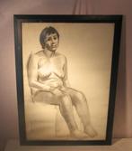 Mooie Tekening 'Zittende Naakte Vrouw' - gesigneerd, Antiek en Kunst, Kunst | Tekeningen en Foto's, Ophalen of Verzenden