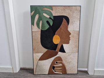 Leren schilderij vrouw met oorbel en blad beschikbaar voor biedingen