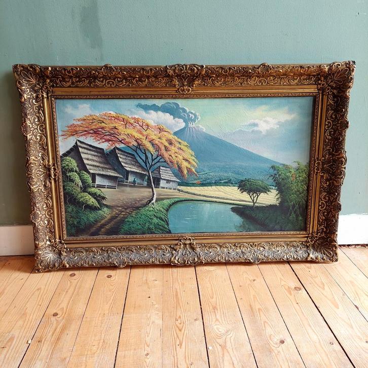 Lucky Vintage groot Schilderij in originele lijst vulkaan, Antiek en Kunst, Kunst | Schilderijen | Klassiek, Ophalen