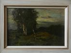 Olieverf Drie Berkenbomen op de hei , ongesign. 19x29 cm., Antiek en Kunst, Kunst | Schilderijen | Klassiek, Ophalen of Verzenden