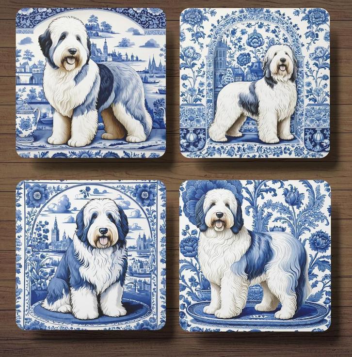 Old English Sheepdog Delfts Blauw onderzetters met houder, Huis en Inrichting, Woonaccessoires | Onderzetters, Nieuw, Glas of Kopje
