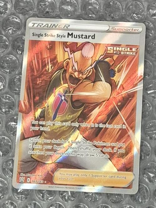 Full Art Trainer Single Strike Mustard 163/163 Battle Styles, Hobby en Vrije tijd, Verzamelkaartspellen | Pokémon, Zo goed als nieuw
