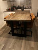 Haco Rough boomstam hoge eettafel met 4 barkrukken, Ophalen, Gebruikt, Inclusief barstoelen