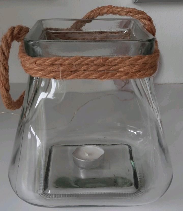 Robuuste stevige glazen vaas of waxinelicht houder,met touw, Huis en Inrichting, Woonaccessoires | Vazen, Nieuw, Overige kleuren