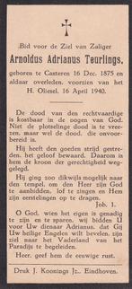 Teurlings Arnoldus 1875 Casteren 1940, Ophalen of Verzenden, Bidprentje