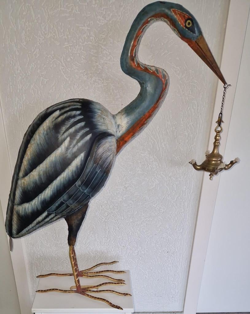 Prachtig oud gietijzeren beeld van een reiger met olielamp, Ophalen of Verzenden