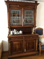 Antieke notenhouten kast met opbouw en geëtst glas, Antiek en Kunst, Ophalen