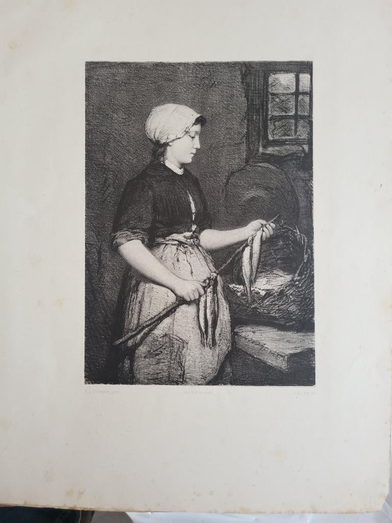 Litho Scheveningen Meisje naar Blommers, Antiek en Kunst, Kunst | Etsen en Gravures, Ophalen of Verzenden