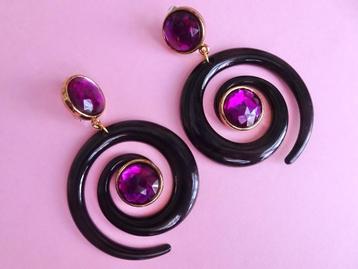 jwg XL Grote vintage 80s design oorbellen zwart paars steen beschikbaar voor biedingen