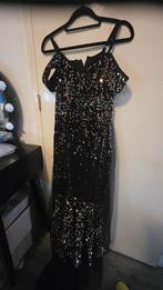 Elegante zwarte avondjurk met gouden pailletten - Maat S, Zwart, Ophalen of Verzenden, Maat 34 (XS) of kleiner, Onder de knie