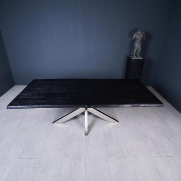 Zwarte eiken tafel Massief Nieuw RVS  Eettafel Yakisugi beschikbaar voor biedingen