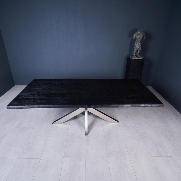 Zwarte eiken tafel Massief Nieuw RVS  Eettafel Yakisugi, Huis en Inrichting, Tafels | Eettafels, Nieuw, 100 tot 150 cm, 200 cm of meer