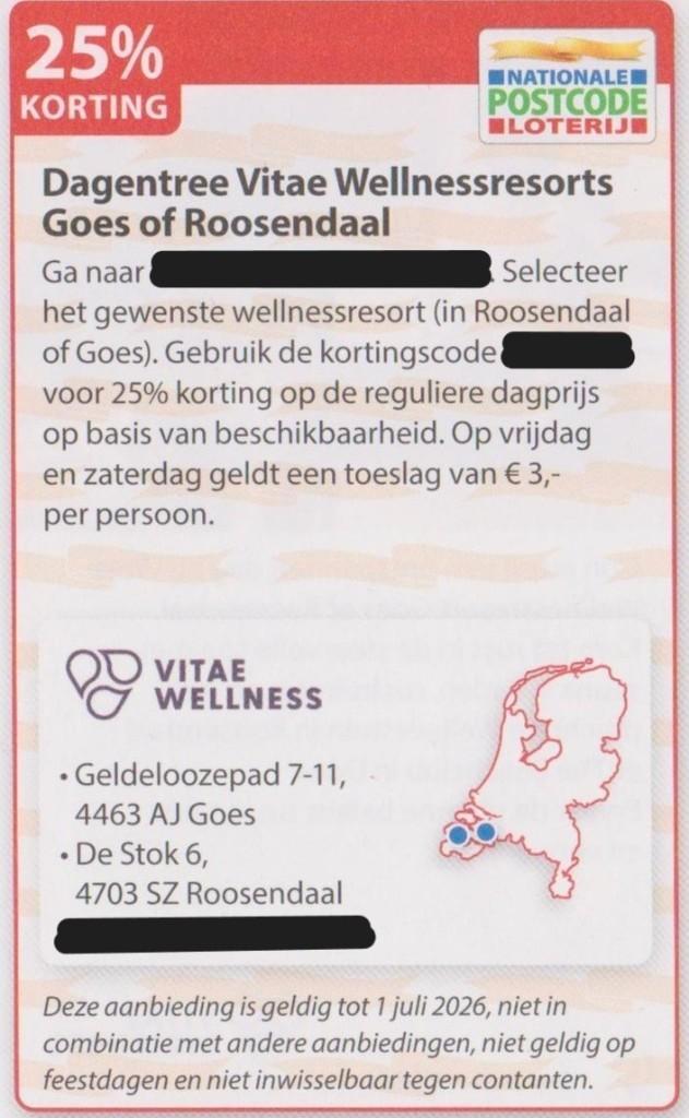 Vitae Wellnessresort. 25% korting. Postcodeloterij bon., Tickets en Kaartjes, Kortingen en Cadeaubonnen, Drie personen of meer