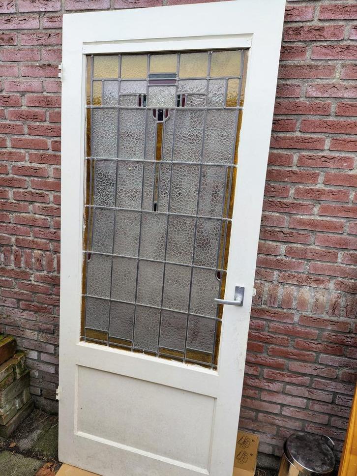 Deur met glas in lood, Doe-het-zelf en Verbouw, Deuren en Horren, Gebruikt, Binnendeur, 200 tot 215 cm, 80 tot 100 cm, Glas, Ophalen