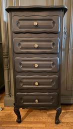 Vintage ladekast hoog smal kastje brocante 5-laads kast VdlM, Huis en Inrichting, Ophalen, 5 laden of meer, Hotel Chique zwart Queen Ann oud ladekastje ondiep halkastje