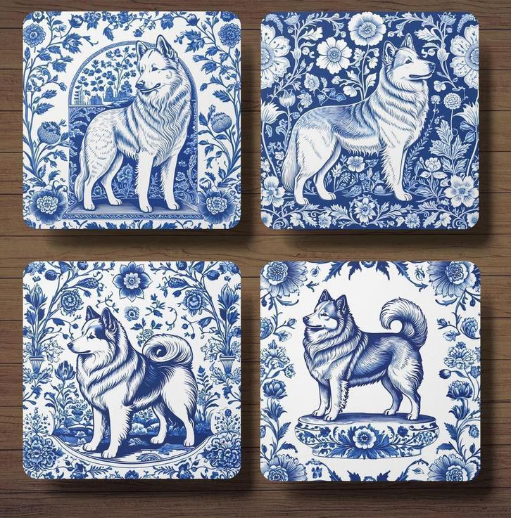 IJslandse Hond Delfts Blauw onderzetters met houder, Huis en Inrichting, Woonaccessoires | Onderzetters, Nieuw, Glas of Kopje