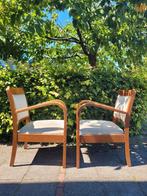 Set van 2 vintage fauteuils met gebogen houten armleggers, Ophalen, Gebruikt, Nvt, Hout