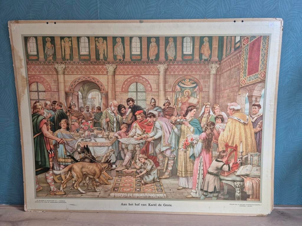Schoolplaat Jetses - Karel de Grote, Antiek en Kunst, Antiek | Schoolplaten, Ophalen, Geschiedenis