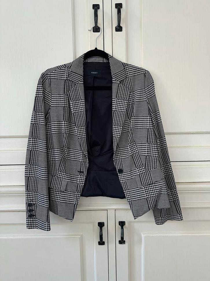 Purdey Colbert/Blazer / Travelstof - Mt 42 - Blauw-Wit Ruit, Kleding | Dames, Jasjes, Kostuums en Pakken, Zo goed als nieuw, Jasje
