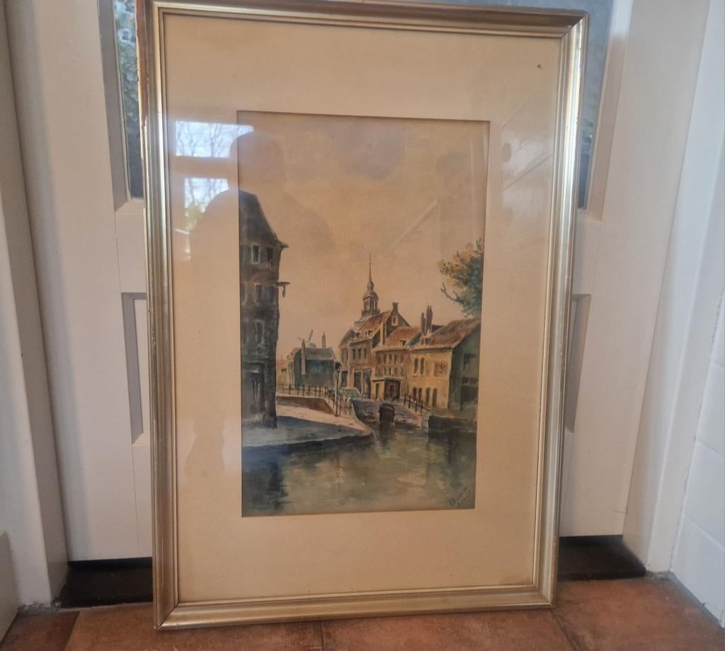 Aquarel stadsgezicht Lange Haven en Korenbeurs Schiedam, Ophalen