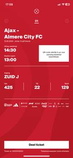 Te koop kaartje Ajax -Almere-city vak 425, Tickets en Kaartjes