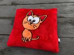 Rood vierkant kussen, oranje kattenpatroon 30x28cm ZG st, Verzenden, Gebruikt