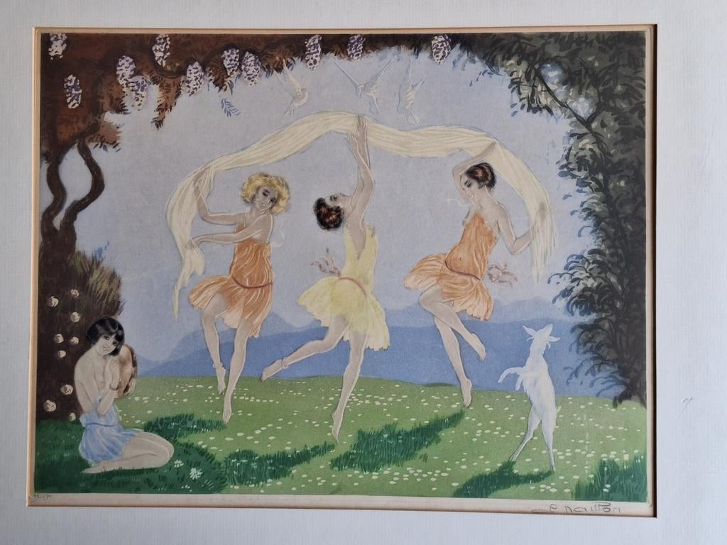 Art Deco Ets - Onduidelijk Gesigneerd, Ets, Ophalen of Verzenden, 1900 - 1949, Flora en Fauna