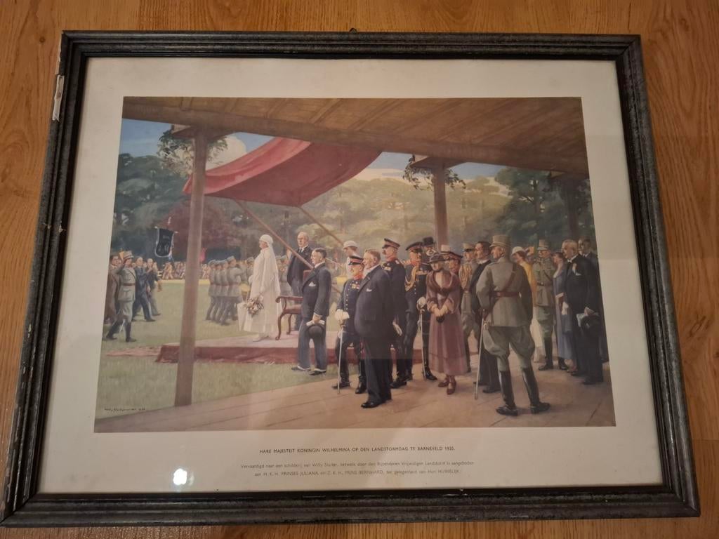 Prent uit 1935 wilhelmina op de de landstormdag te Barneveld, Verzamelen, Ophalen of Verzenden, Landmacht, Nederland, Foto of Poster