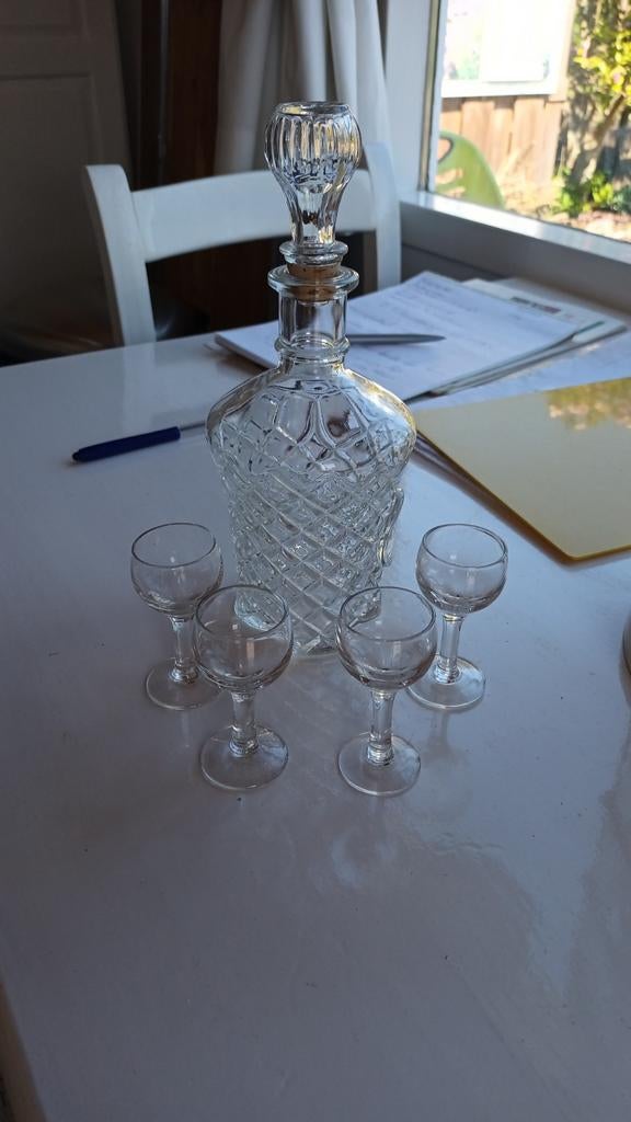 Glazen karaf met 4 borrelglaasjes, Antiek en Kunst, Ophalen of Verzenden