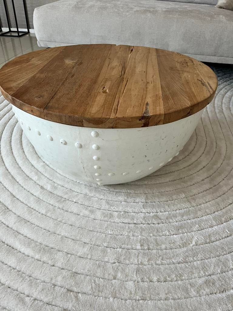 Salontafel rond. Metaal onderstel en mangohout tafelblad, Ophalen, Gebruikt, Rond, 50 tot 100 cm